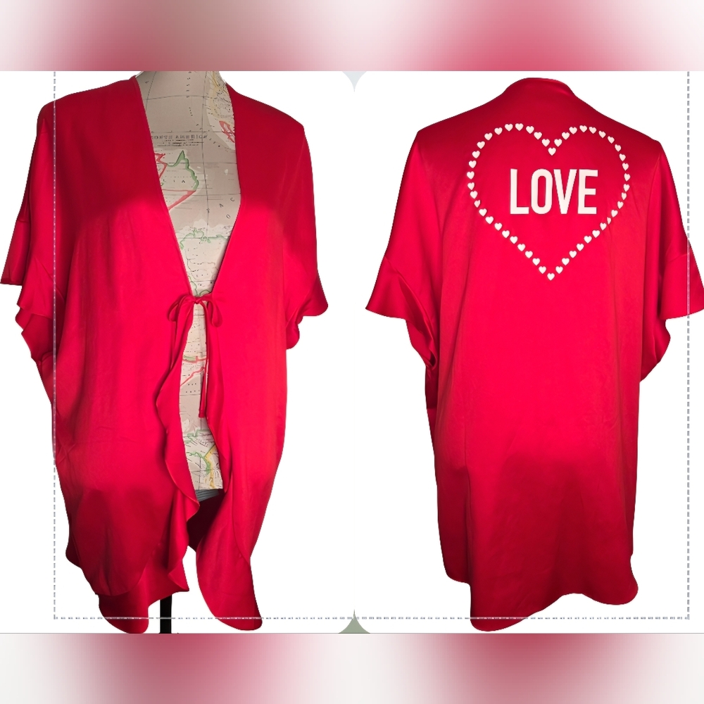Victoria's Secret Size One Size Red Satin White Love Graphic Back Front Tie Robe